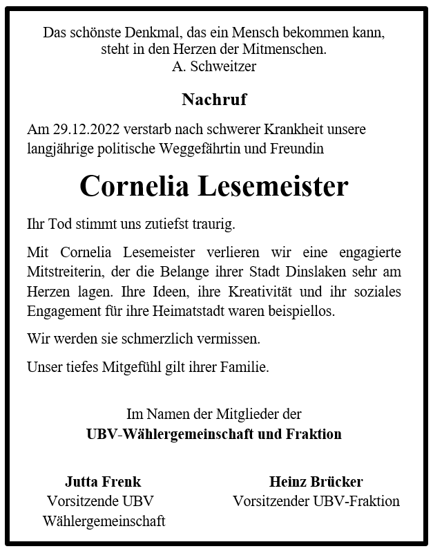 Nachruf Cornelia Lesemeister